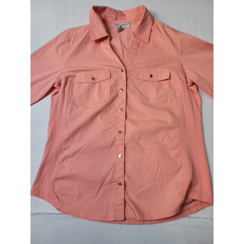 Rebecca Malone Coral Pink Button Down Shirt Ribbed Side Panels Small 731